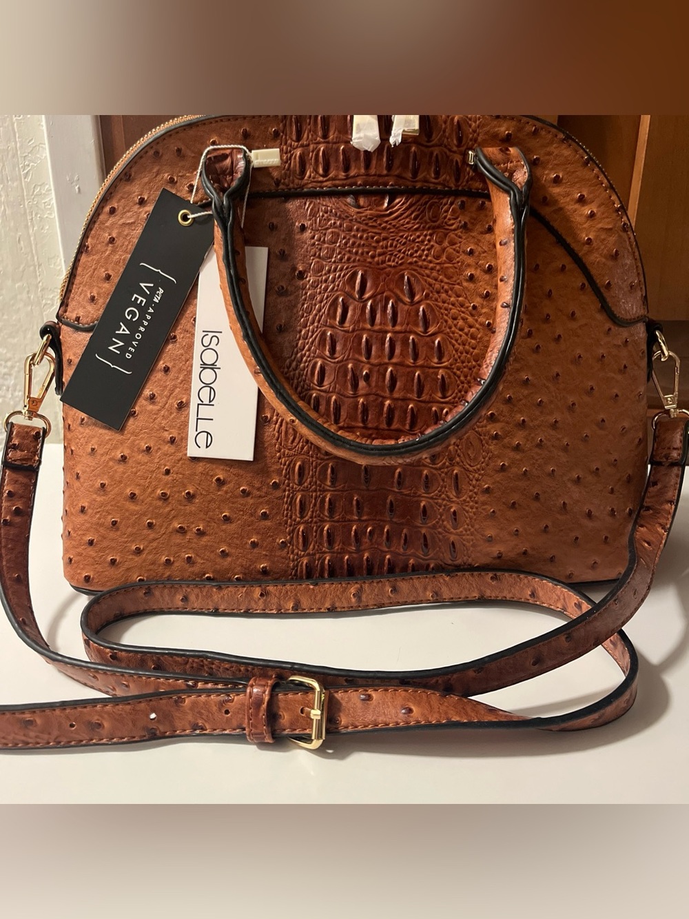 Vegan Cognac Brown Textured Satchel Bag